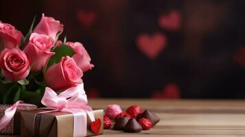 ai generato sognante San Valentino giorno scena con Rose, cioccolatini, e ampio copia spazio foto
