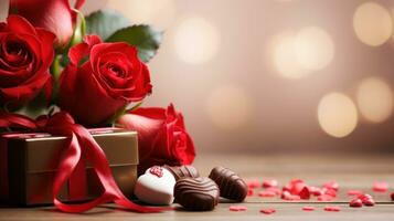 ai generato sognante San Valentino giorno scena con Rose, cioccolatini, e ampio copia spazio foto