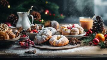 ai generato accogliente inverno fine settimana, contento prima colazione con sorrisi, risata, e festivo di stagione tratta. foto