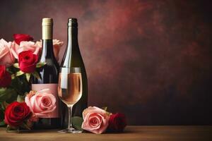 ai generato San Valentino giorno sfondo con vino, Rose, e spazio per intimo messaggi foto