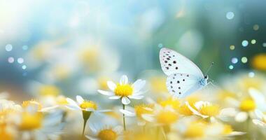 ai generato un' bianca e giallo farfalla seduta vicino un' fiore foto