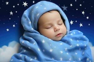 ai generato un' addormentato bambino con coperte e stelle su un' blu sfondo foto