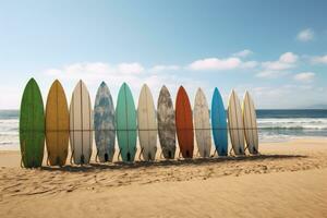 ai generato un' riga di tavole da surf a il spiaggia foto