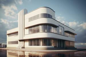 ai generato futuristico moderno bianca edificio con un' unico design con curvo muri e grande finestre. il edificio è nel un' minimalista stile. ideale per uso nel architettonico o design progetti. foto