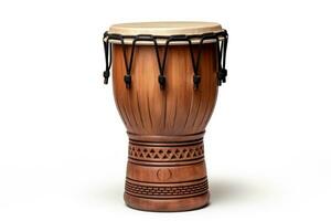 ai generato djembe tamburo su un' bianca sfondo. tradizionale percussione musicale strumento di africano cultura. adatto per musicale disegno, articolo, blog, sociale media inviare, album coperchio, manifesto foto