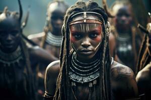 ai generato selvaggio africano tribù. uomini e donne di selvaggio africano tribù nel tribale tradizionale Abiti, dreadlocks e guerra dipingere. dogana, rituali, modo di vita di selvaggio nativi. foto