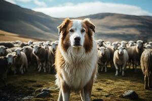 ai generato pastore cane guardia e principale il pecora gregge su un' estate giorno. generativo ai foto