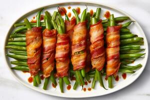 ai generato grigliato verde asparago avvolto con Bacon. Bacon avvolto arrostito verde fagiolo gruppi nel servendo piatto. generativo ai foto