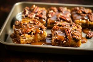 ai generato foglio padella pieno con caramello pecan cioccolato torta. generativo ai foto