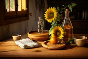 ai generato essenziali cucina utensili, girasole olio e un' rustico di legno tavolo. generativo ai foto