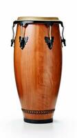 ai generato di legno conga tamburo isolato su bianca sfondo. tradizionale percussione musicale strumento di afrocubano e latino americano cultura. adatto per legati alla musica progetti foto