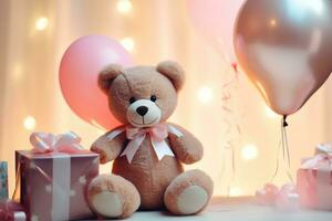 ai generato compleanno con un' orso Tenere regalo e palloncini foto