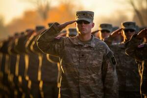 ai generato militare soldato e militare soldati, americano soldati in piedi nel formazione e salutando, ai generato foto