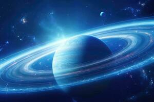 ai generato galassia nel in profondità spazio. elementi di Questo Immagine arredato di NASA, un' gigante pianeta ornato con Saturno anelli, scintillante anelli, e un' delicato blu incandescenza, ai generato foto
