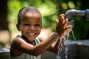 ai generato ritratto di contento sorridente africano bambino lavaggio mani con rubinetto nel acqua, un africano bambino Cordiali saluti gioisce nel rubinetto acqua, ai generato foto