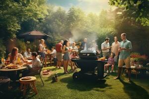 ai generato famiglia avendo barbecue nel giardino, americano famiglia e amici avendo un' picnic barbeque griglia nel il giardino, ai generato foto