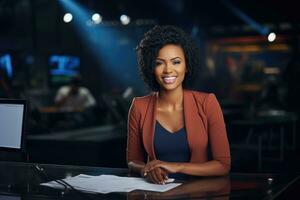 ai generato ritratto di sorridente africano americano donna d'affari a notte ufficio, africano femmina notizia reporter nel vivere trasmissione, giornalismo industria, ai generato foto