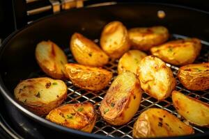 ai generato al forno patate nel un' getto - ferro padella, aria friggitrice macchina cucinando Patata fritte nel cucina, ai generato foto