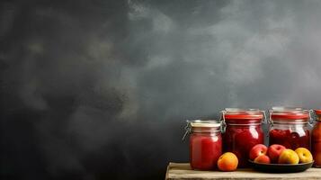 ai generato fatti in casa prugna marmellata nel bicchiere barattoli con fresco frutta su rustico di legno tavolo al di sopra di nero sfondo. foto