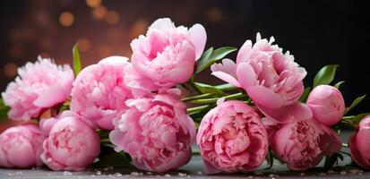 ai generato peonia fioritura rosa fiori su un' buio tavolo con bokeh sfondo foto