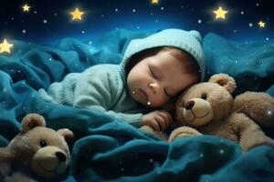 ai generato un' bambino è addormentato nel il suo blu coperta con orsi foto