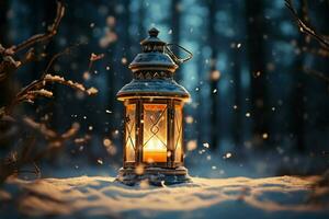ai generato ardente raggiante lanterna nel inverno neve bellissimo inverno sfondo ai generato foto