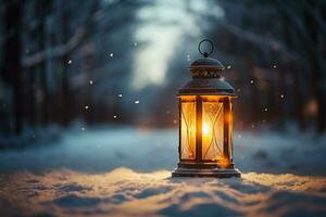 ai generato ardente raggiante lanterna nel inverno neve bellissimo inverno sfondo ai generato foto