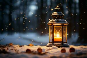 ai generato ardente raggiante lanterna nel inverno neve bellissimo inverno sfondo ai generato foto