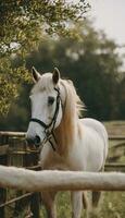 ai generato equestre eleganza il maestoso bellezza di cavalli nel azienda agricola vita foto