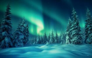 ai generato aurora Borealis nel inverno con un' neve coperto foresta foto