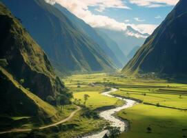 ai generato colorato paesaggio con himalayano montagne bellissimo curvatura fiume e verde foresta foto