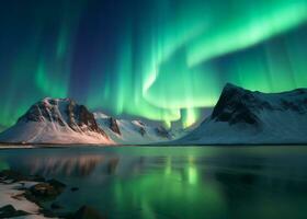 ai generato aurora Borealis nel lofoten isole Norvegia aurora settentrionale luci stellato cielo foto