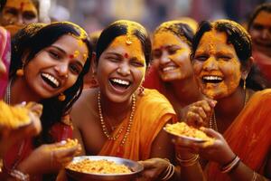 ai generato il titolo di il foto è colorato indiano donne ridendo e mangiare cibo insieme.