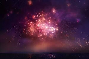 ai generato astratto oro e viola luccichio sfondo con fuochi d'artificio Natale vigilia 4 ° di luglio vacanza foto
