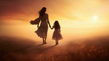 ai generato la realtà foto madre e figlia a piedi mano nel mano nel il pomeriggio