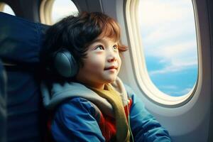 ai generato poco asiatico ragazzo nel grande cuffie sembra su il aereo finestra foto