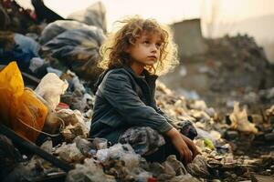 ai generato poco trasandato senza casa bambino seduta tra spazzatura a un' spazzatura cumulo di rifiuti foto