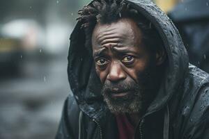 ai generato triste africano americano senza casa uomo nel il pioggia nel il città su sfocato sfondo foto