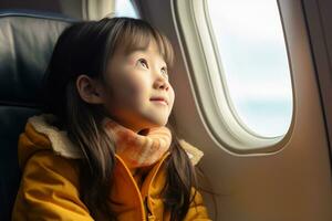 ai generato adorabile poco asiatico ragazza sembra su il aereo finestra foto