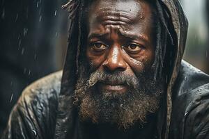 ai generato ritratto di anziano triste africano americano senza casa uomo nel il pioggia nel il città su sfocato sfondo foto