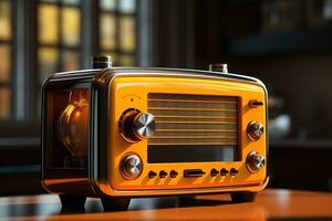 ai generato luminosa giallo Radio nel moderno Vintage ▾ stile su sfocato camera sfondo foto