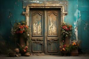ai generato vecchio squallido di legno porta con fiori su un' Cracked blu parete foto