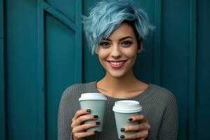 ai generato giovane affascinante sorridente ispanico donna con corto blu taglio di capelli Tenere Due cartone caffè tazze foto