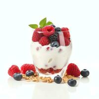 ai generato Yogurt con frutti di bosco e muesli vero foto