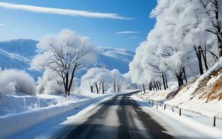 ai generato un' rurale strada Il prossimo per un' nebbioso bianca montagna e leggero arancia blu cielo con alcuni alberi circondato di neve inverno tempo metereologico illustrazione foto