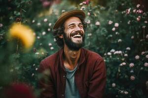 ai generato un' giovane uomo con un' cappello è sorridente e ridendo nel un' pieno di fiori campo foto