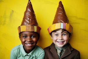 ai generato Due bambini indossare sciocco cappelli e sorridente a il telecamera foto