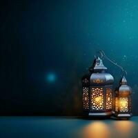 eid mubarak e Ramadan kareem saluti con islamico lanterna e moschea. eid al Fitr sfondo. eid al Fitr sfondo di finestra concetto di ai generato foto