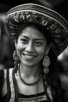 ai generato sorridente donna indossare grande cappello, possibilmente peruviano, e collana foto