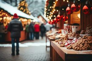 ai generato Natale mercato bancarelle e shopping nel il città centro. Natale shopping e Fata ambiance foto